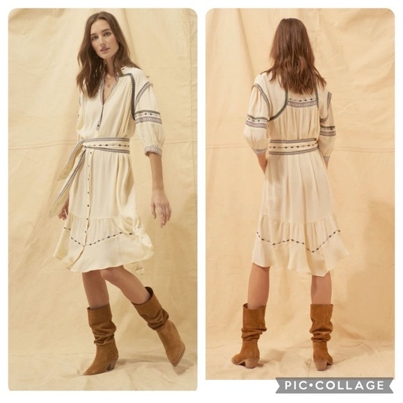 ba&sh patty embroidered woven dress in ecru/navy SzSmall 6 No Belt - Picture 3 of 10